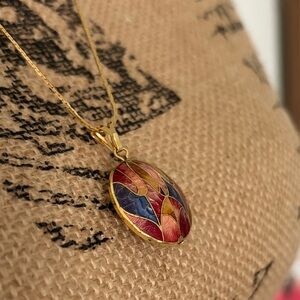 Gold Necklace with Cloisonné Enamel Pendant - Women Jewelry